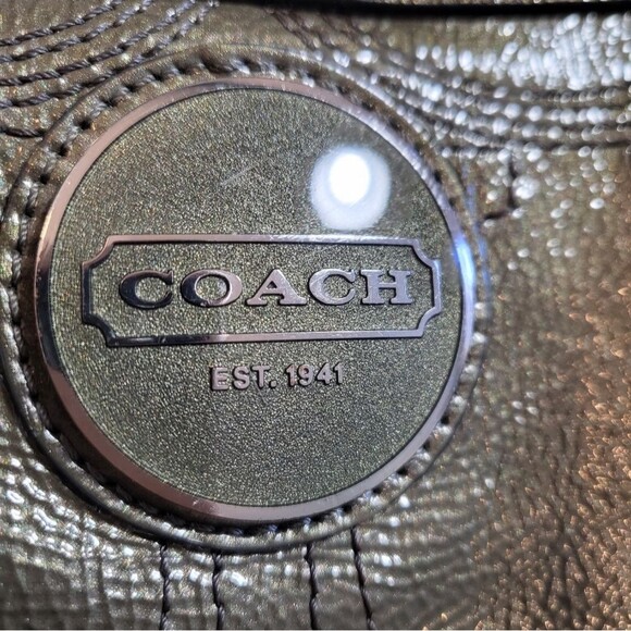 Coach Patent Leather Stitched C Tote Shoulder Bag Purse F15142 13 x 9.5 Green - Picture 7 of 17